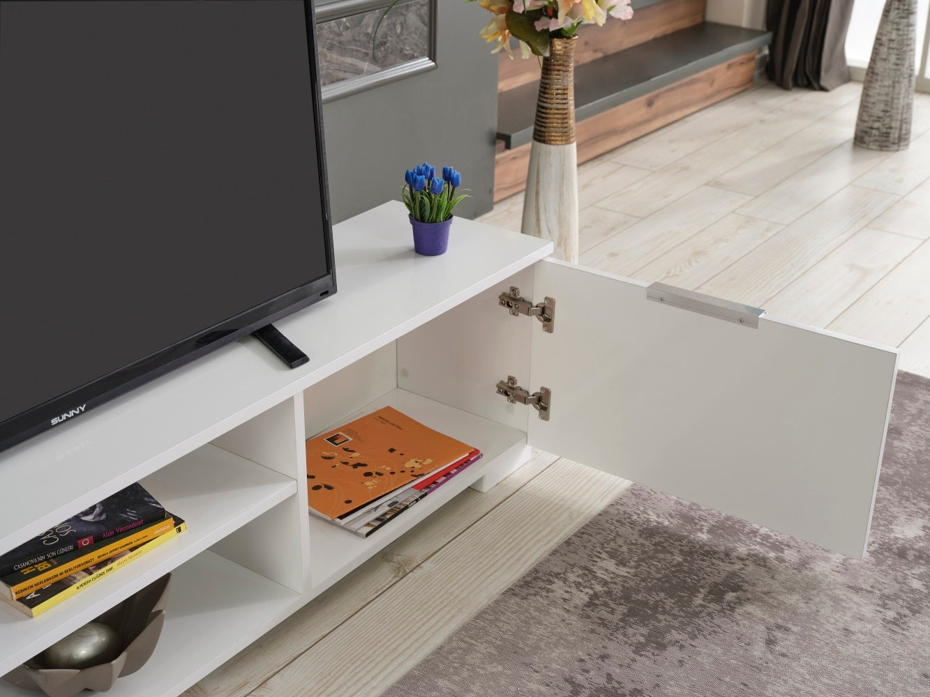 April Mid Century Modern TV Stand with 2 Door Cabinets and 2 Shelves - White 66 inch TV Unit