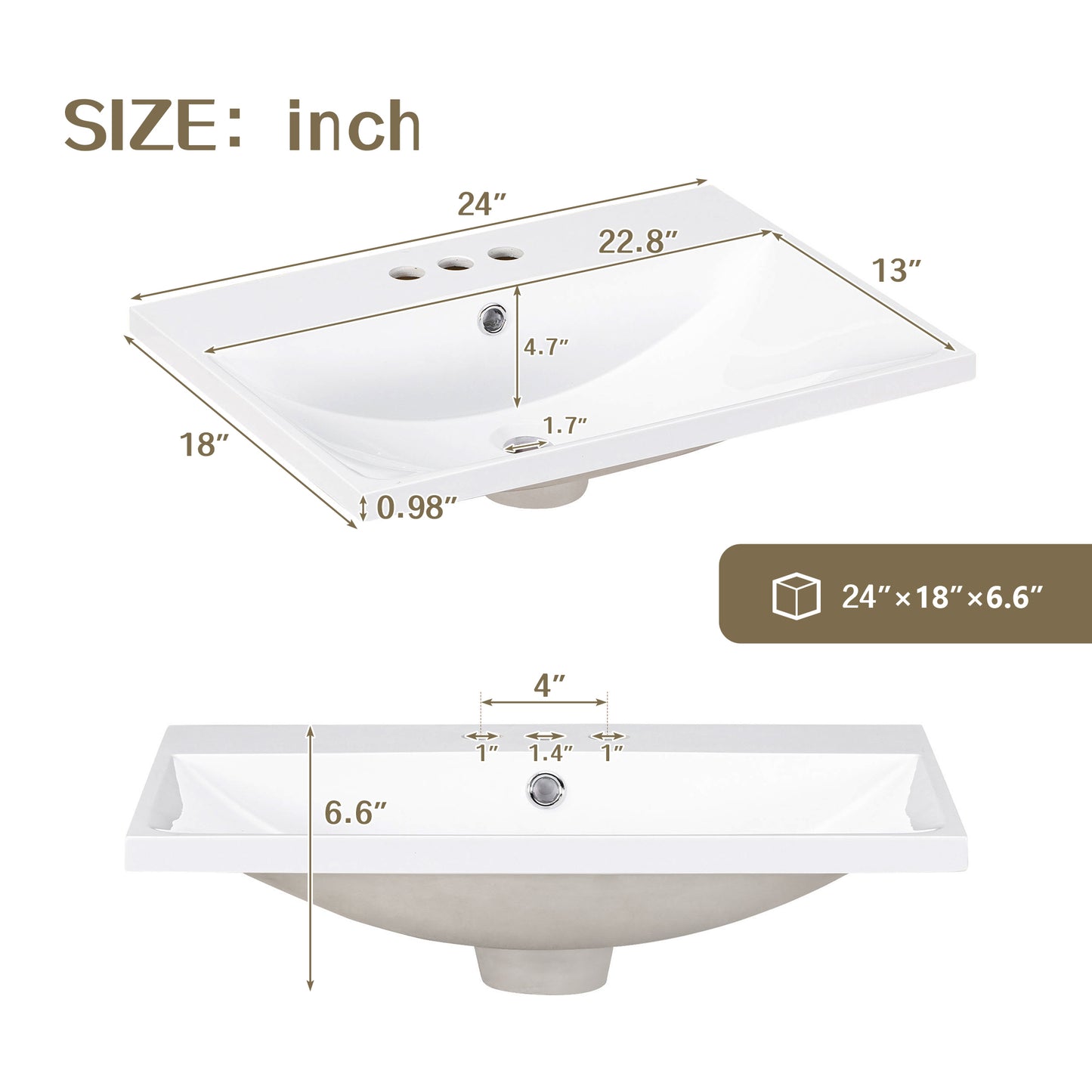 24" Brown Modern Sleek Bathroom Vanity Elegant Ceramic Sink with Solid Wood Frame Open Style Shelf