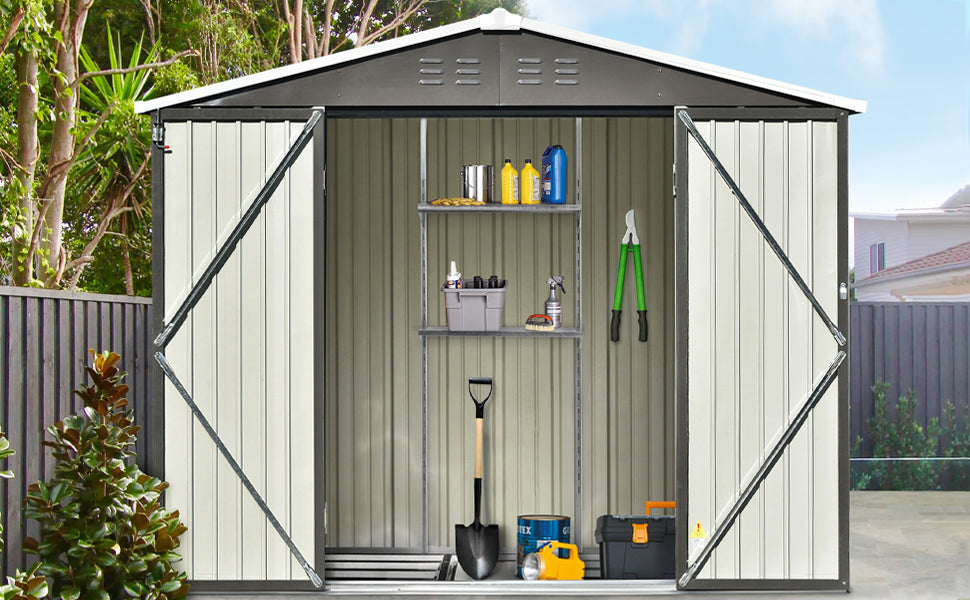 Patio 8ft x6ft Bike Shed Garden Shed, Metal Storage Shed with Adjustable Shelf and Lockable Doors, Tool Cabinet with Vents and Foundation Frame for Backyard, Lawn, Garden, Gray