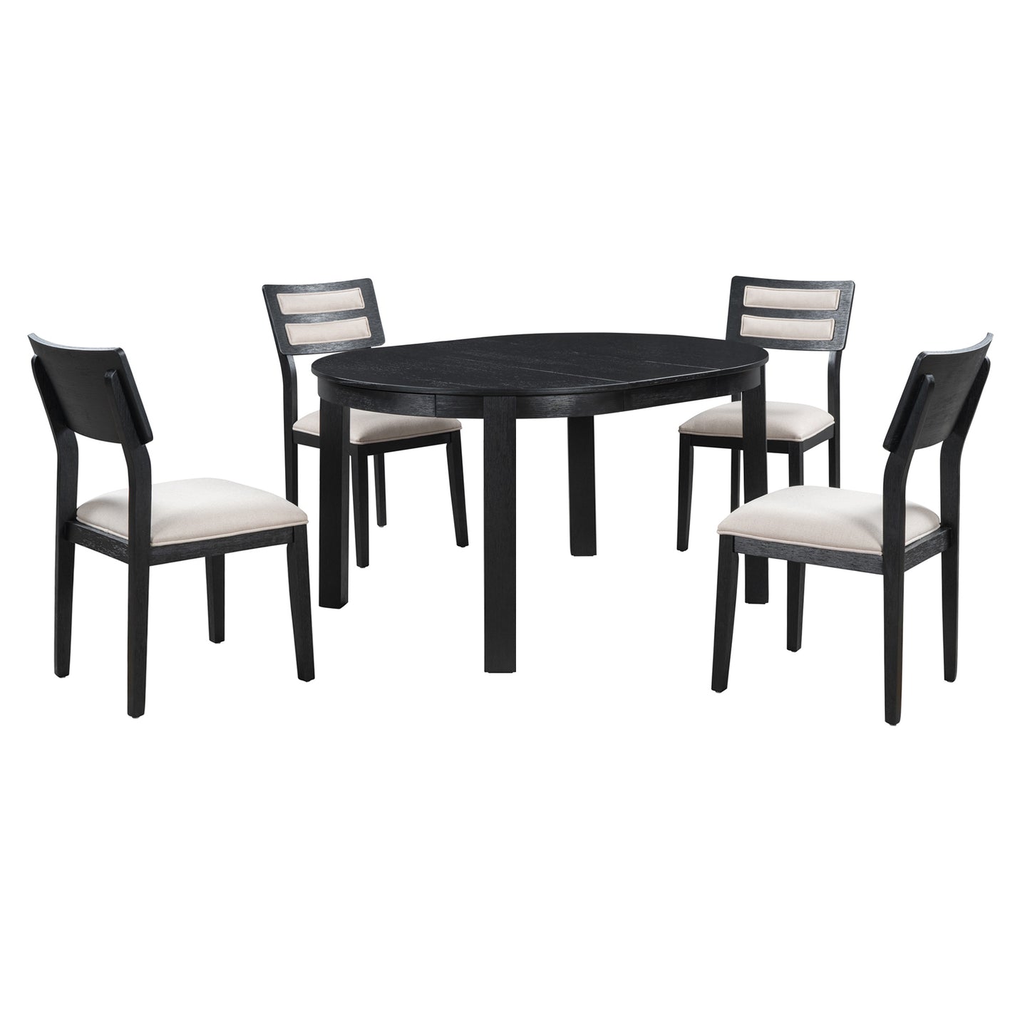 TREXM 5-Piece Multifunctional Dining Table Set, Farmhouse Dining Set with Extendable Round Table,Two Small Drawers and 4 Upholstered Dining Chairs for Kitchen and Dining Room (Black)