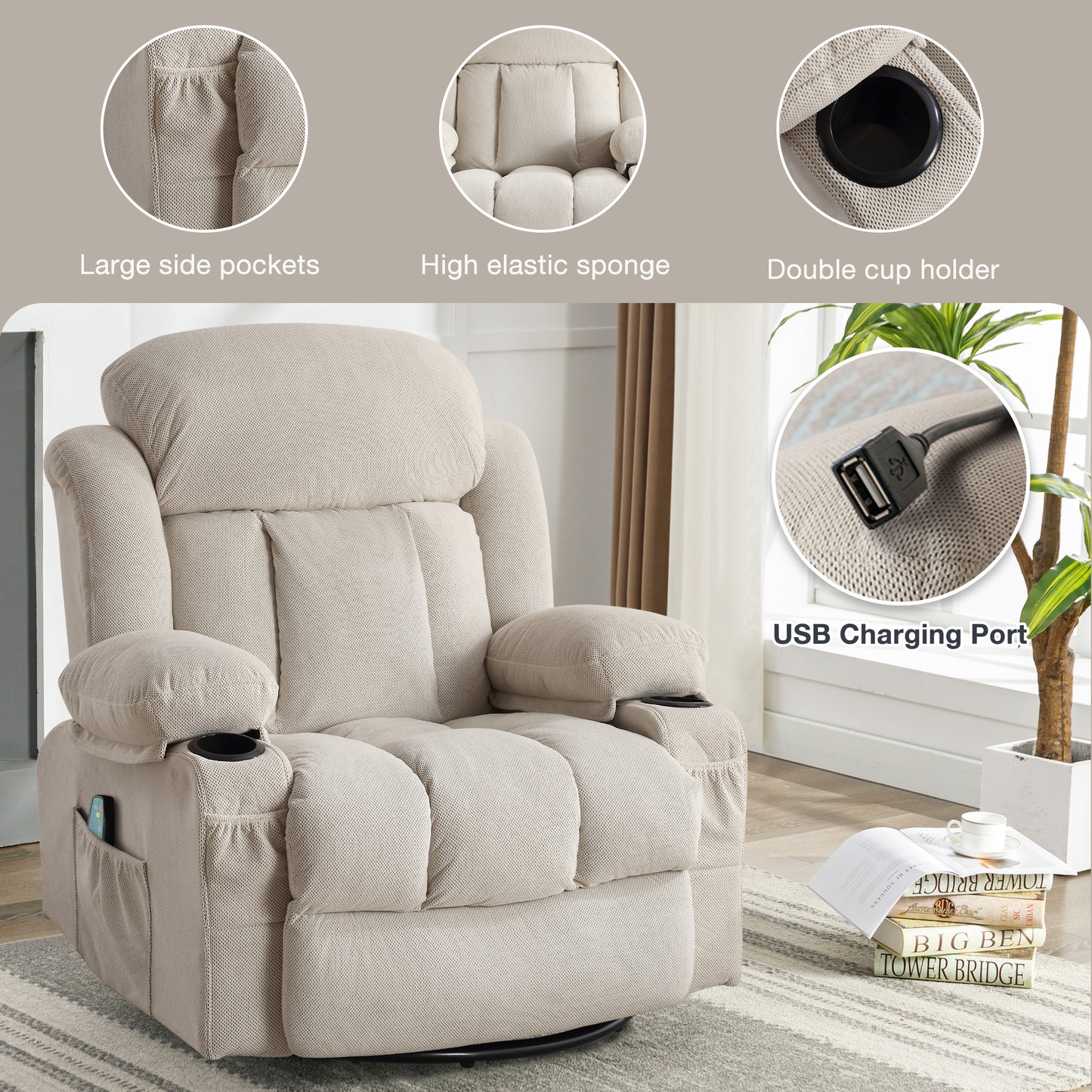 Heated Swiveling Recliner Massage Sofa with USB and Cup Holders