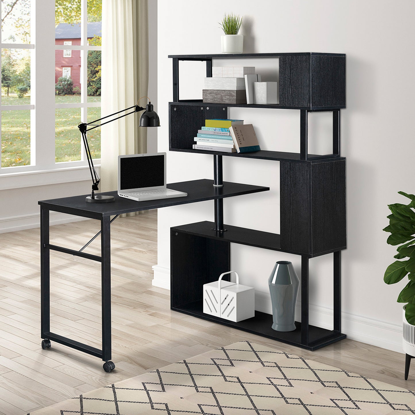 Modern L-Shaped Home Office Desk with Rotating Bookshelf and Lockable Casters