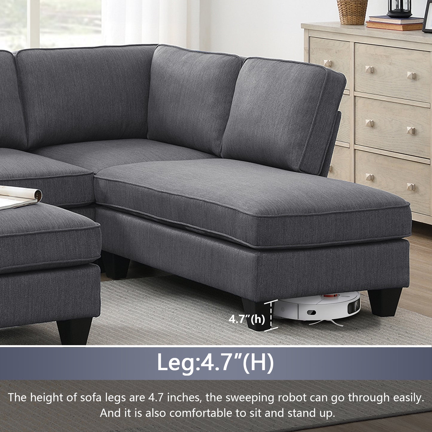 Modern L-shaped Sectional Sofa with Chaise Lounge and Convertible Ottoman
