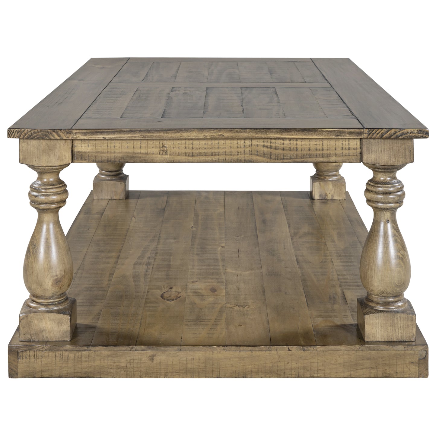 Rustic Pine Wood Coffee Table with Baluster Column Posts and Lower Storage Shelf