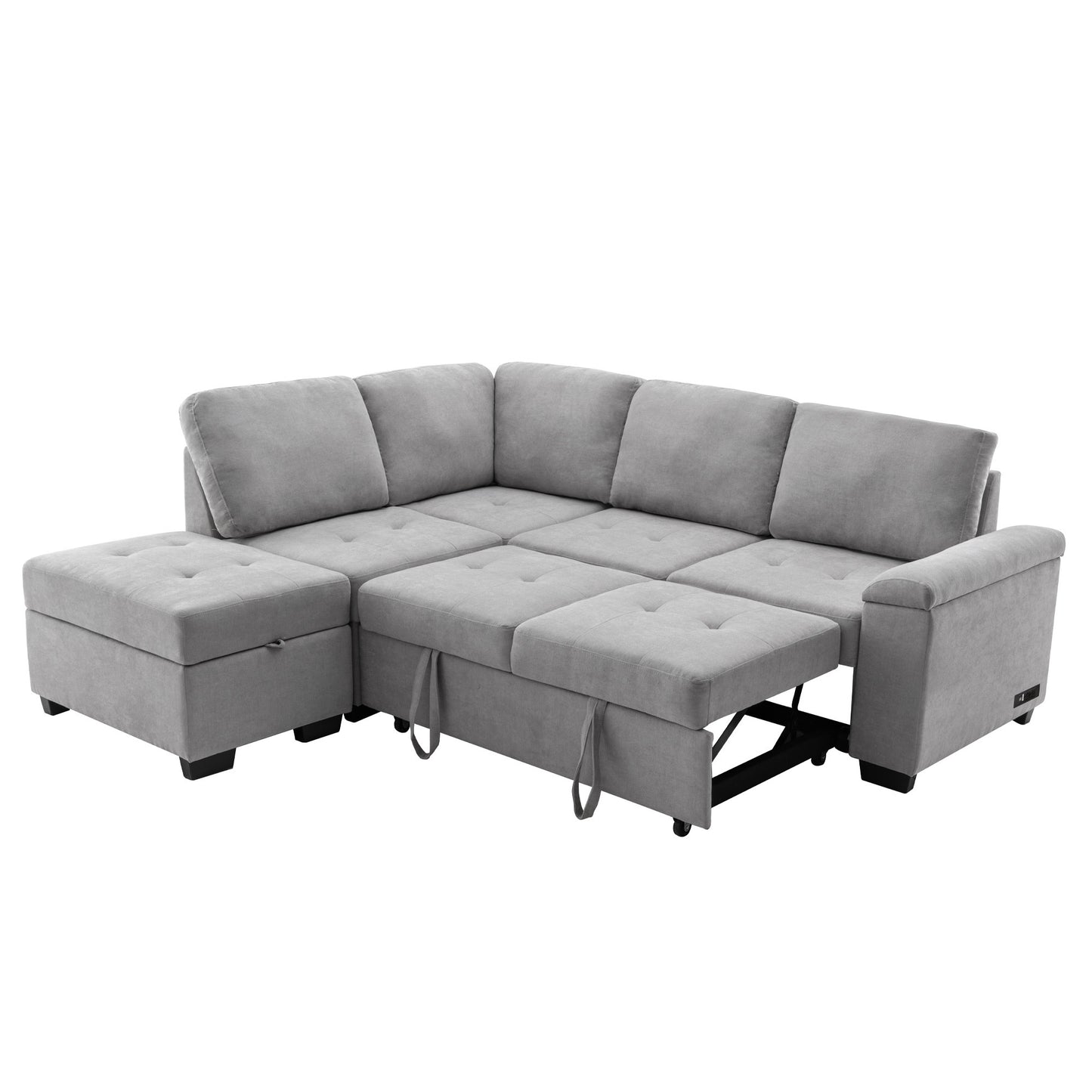 Elegant Gray Sleeper Sectional Sofa with L-Shape Design & Hidden Storage