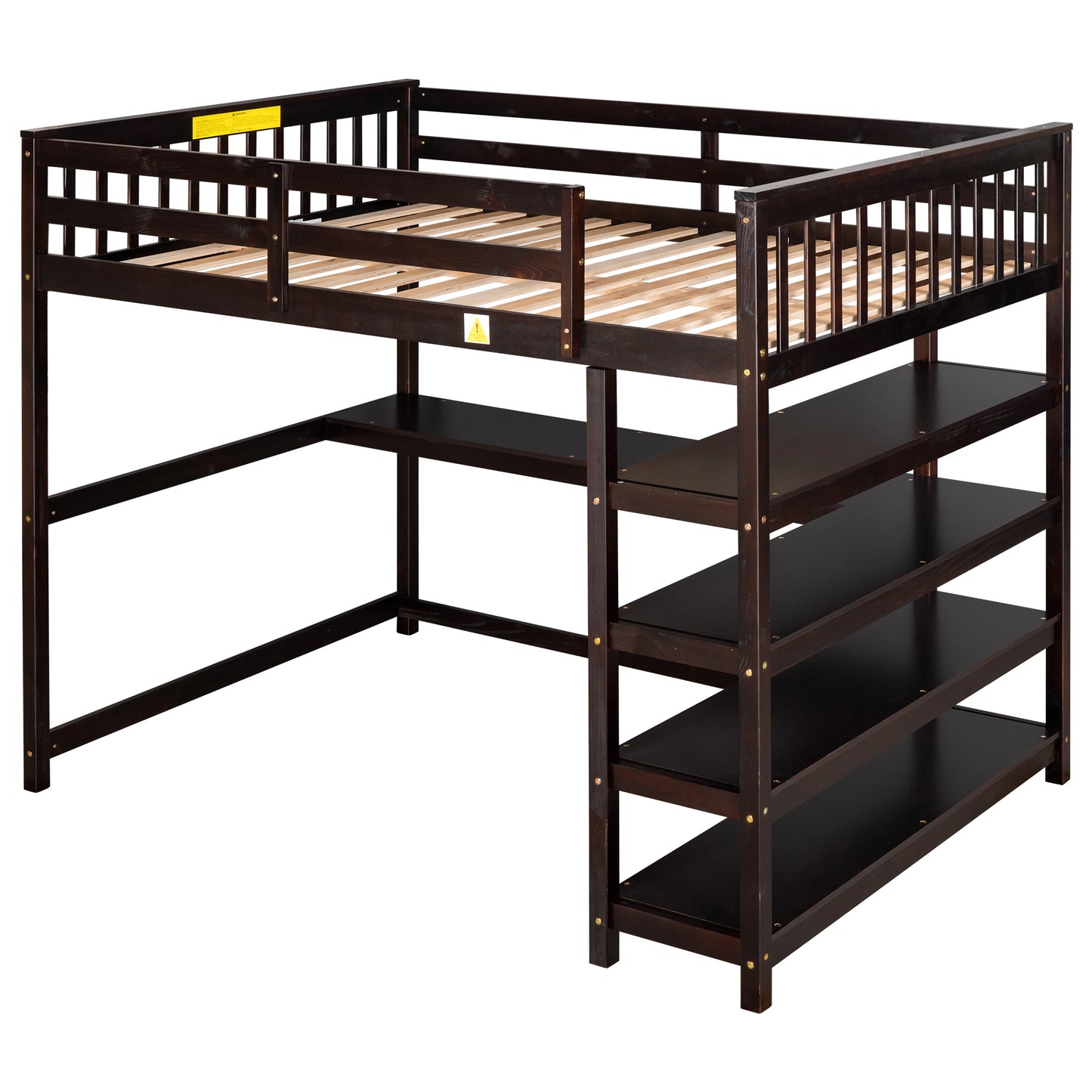 Full Size Loft Bed with Storage Shelves and Under-bed Desk, Espresso