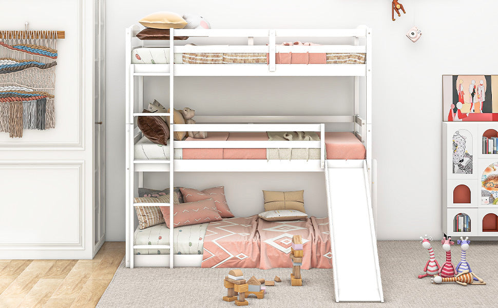 Innovative White Triple Bunk Bed with Slide, Ladder, and Vertical Space Optimization