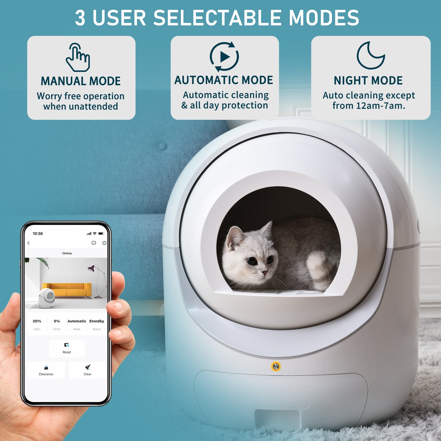 Upgraded HMI system, self-cleaning litter box for multiple cats, automatic dumping, suitable for all kinds of cat litter, safe, deodorizing, APP control, support 2.4G WiFi.