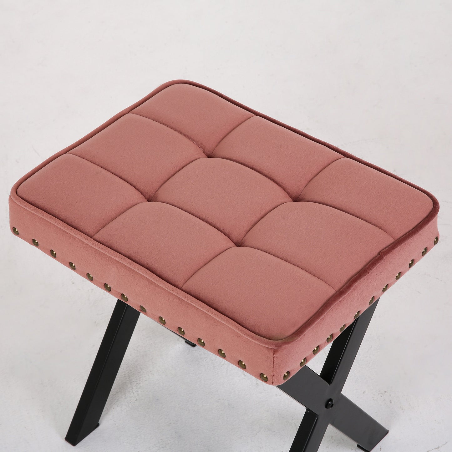 Fabric Upholstered Bench Ottoman Footstool Seat with X-Shaped Metal Legs (Pink)