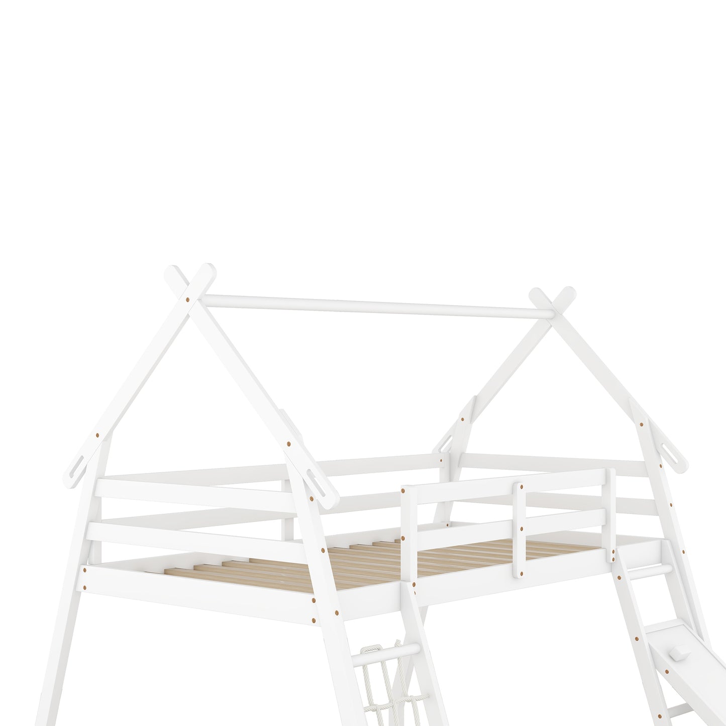 Twin and Queen Climbing House Bunk Bed with Nets and Ramp in White