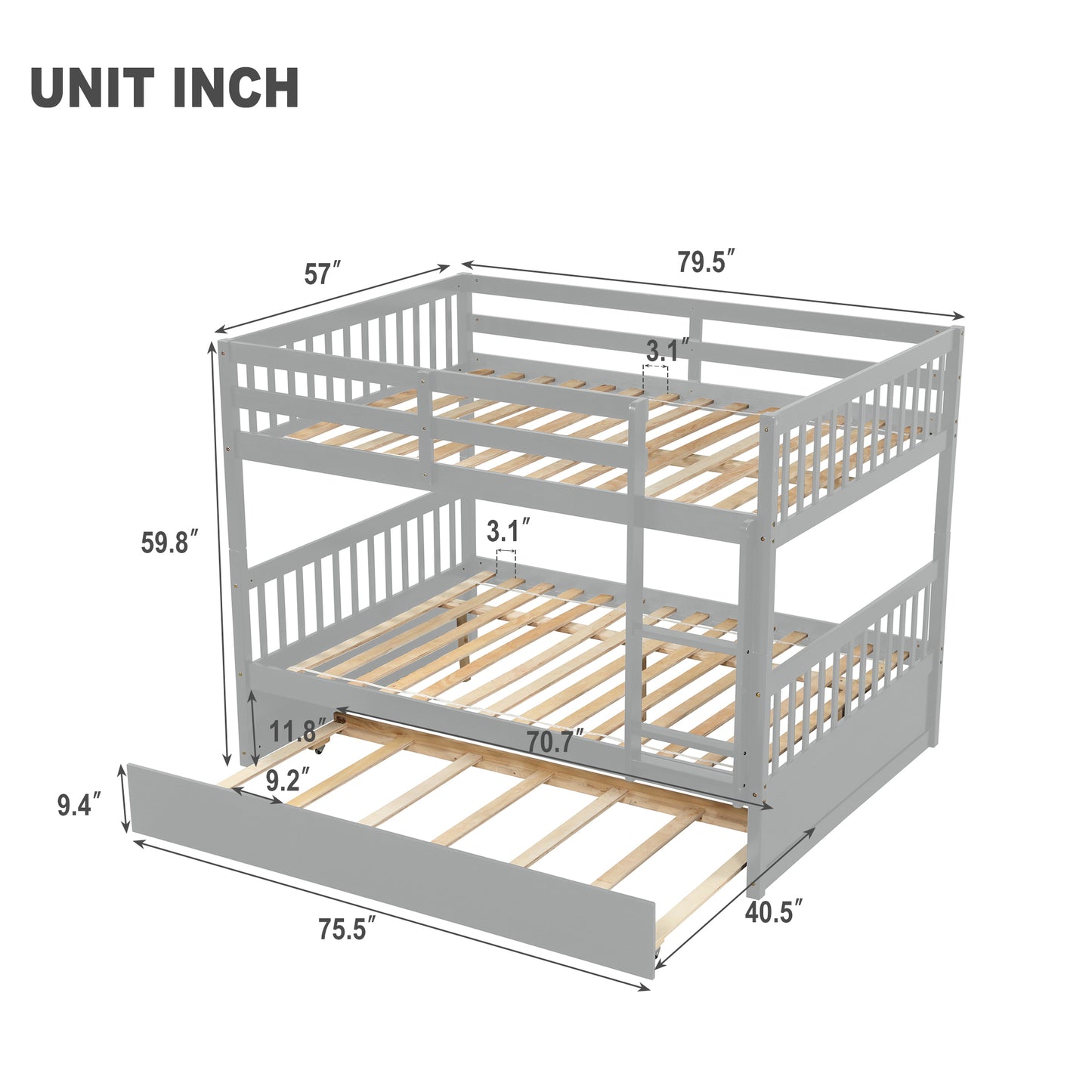 Convertible Grey Full Over Full Bunk Bed with Trundle