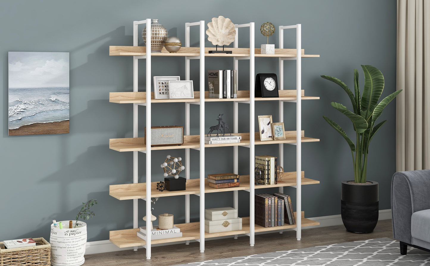 5 Tier Bookcase Home Office Open Bookshelf, Vintage Industrial Style Shelf, MDF Board, White Metal Frame, Oak