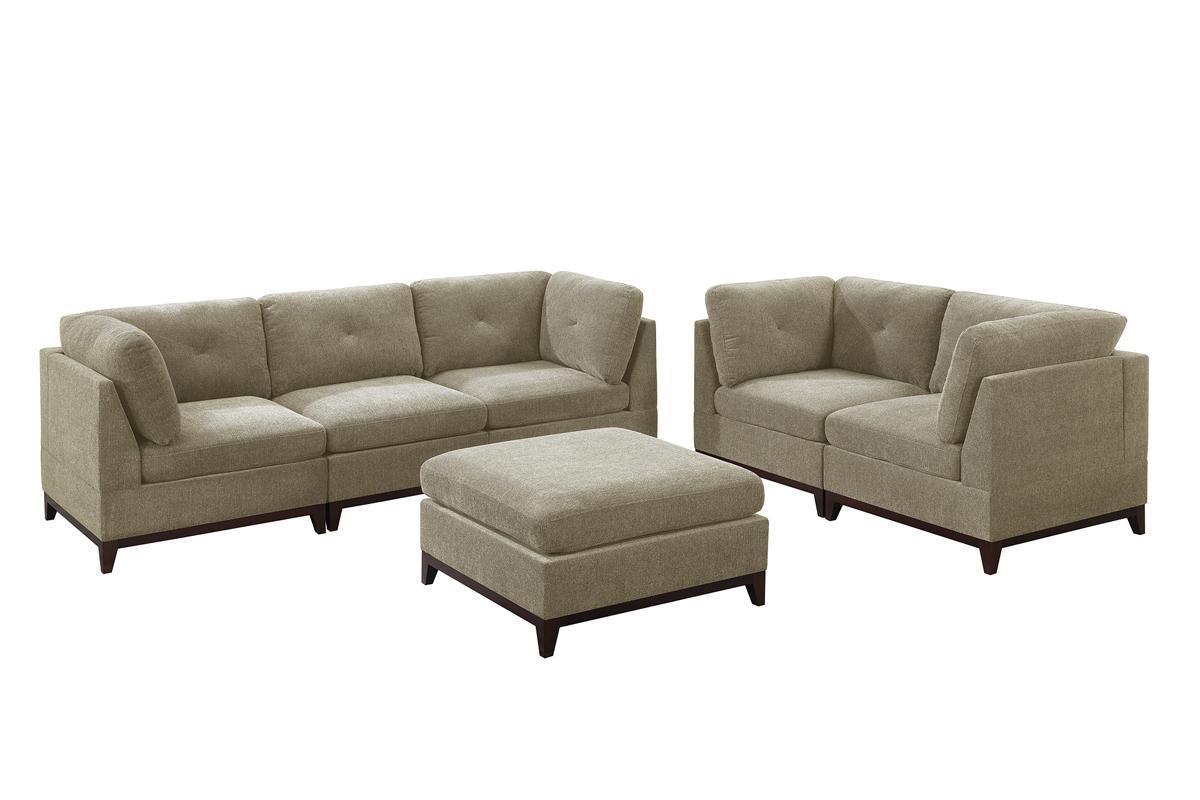 Camel Chenille Fabric Modular Sectional Sofa 6-Piece Set with Tufted Back and Exposed Wooden Base