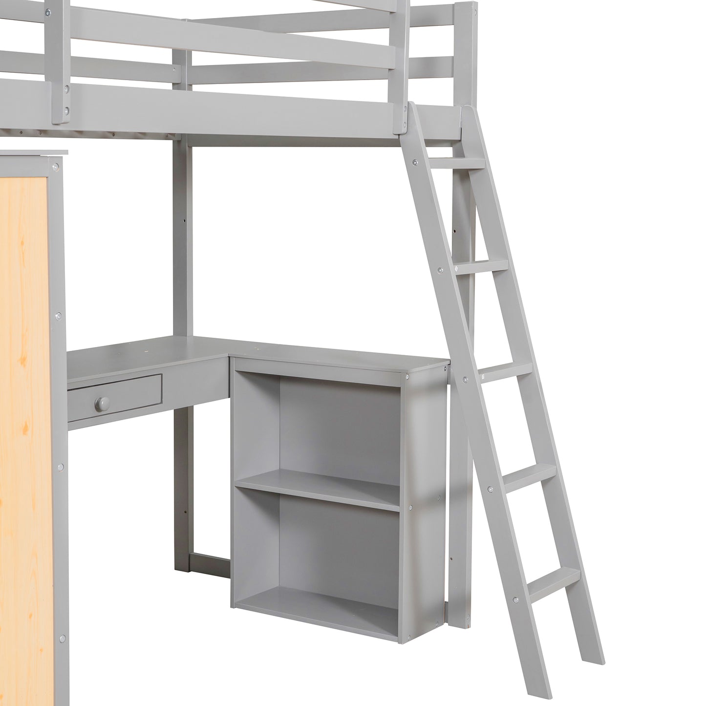 Twin Size Loft Bed with Ladder, Shelves, and Desk, Gray(LT000225AAE)