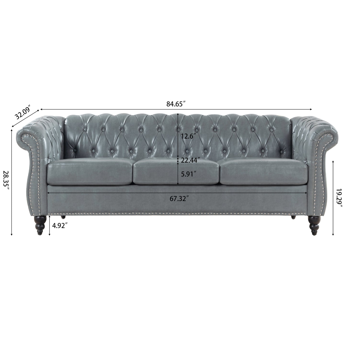 84.65 Inch 3-Seater Rolled Arm Chesterfield Sofa with Deep Buckles and PU Leather Fabric