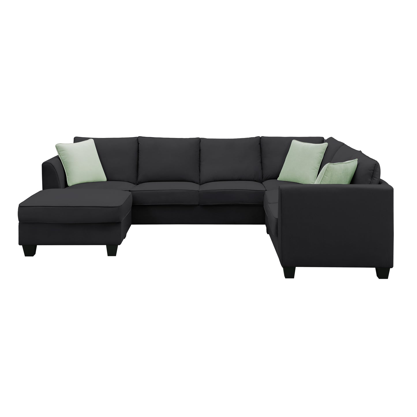 L-Shaped Black Sectional Couch Set with Ottoman and Pillows