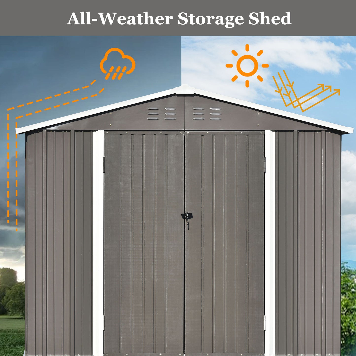 Patio 8ft x6ft Bike Shed Garden Shed, Metal Storage Shed with Adjustable Shelf and Lockable Doors, Tool Cabinet with Vents and Foundation Frame for Backyard, Lawn, Garden, Gray