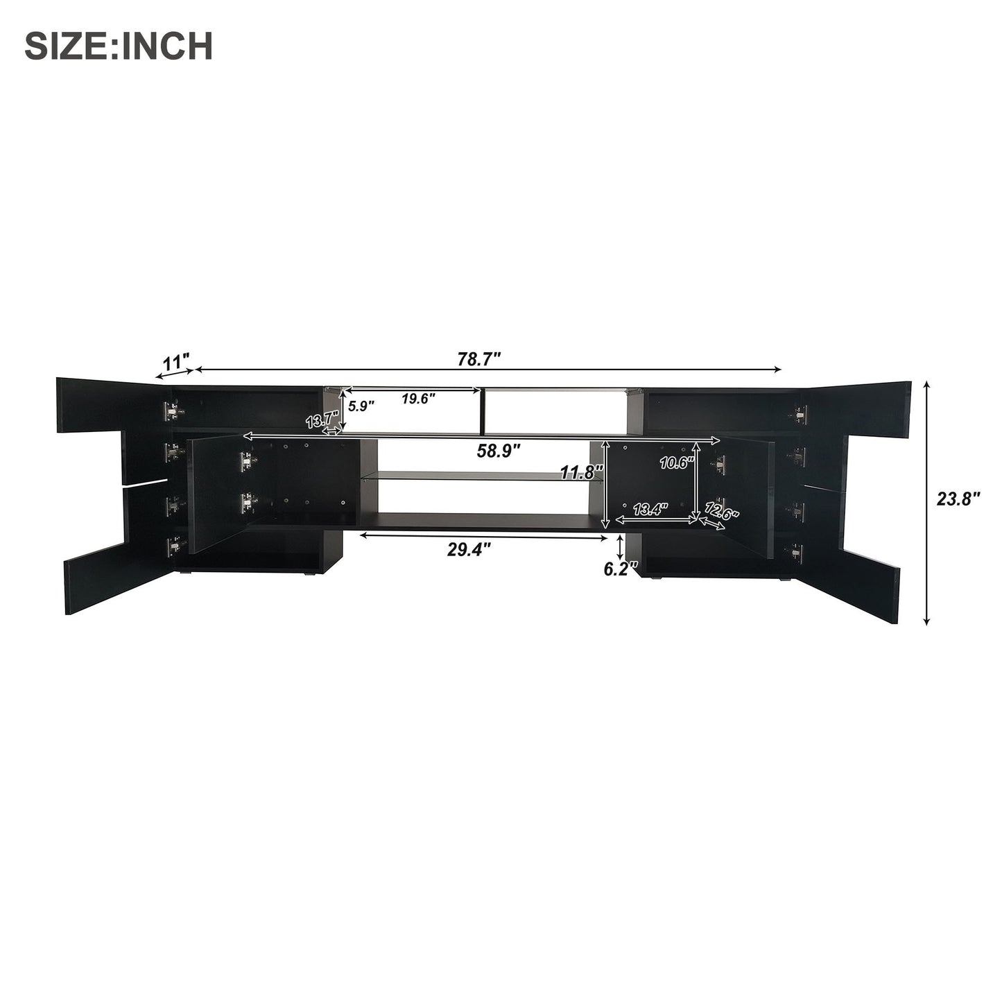 Black High Gloss TV Stand with LED Glass Shelves for TVs Up to 80