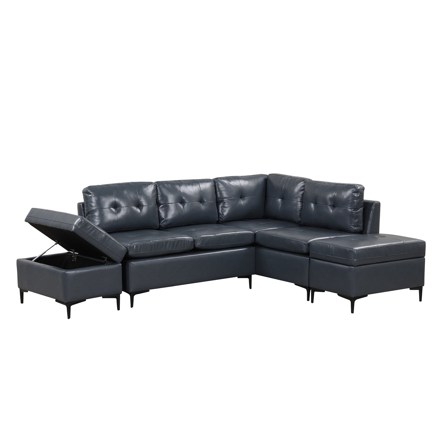 Blue L-Shaped Sectional Sofa Set with Movable Storage Ottomans