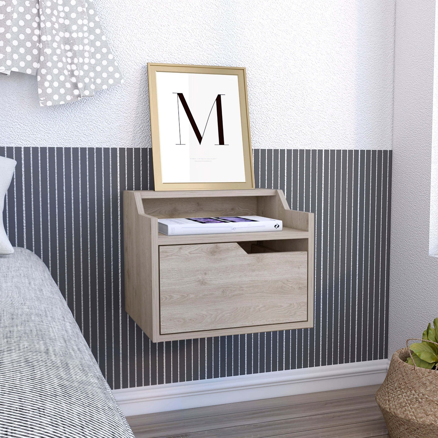 Busan Modern Floating Nightstand, Single-Drawer Design with Sleek Two-Tiered Top Shelf Surfaces- Light Grey - Bedroom