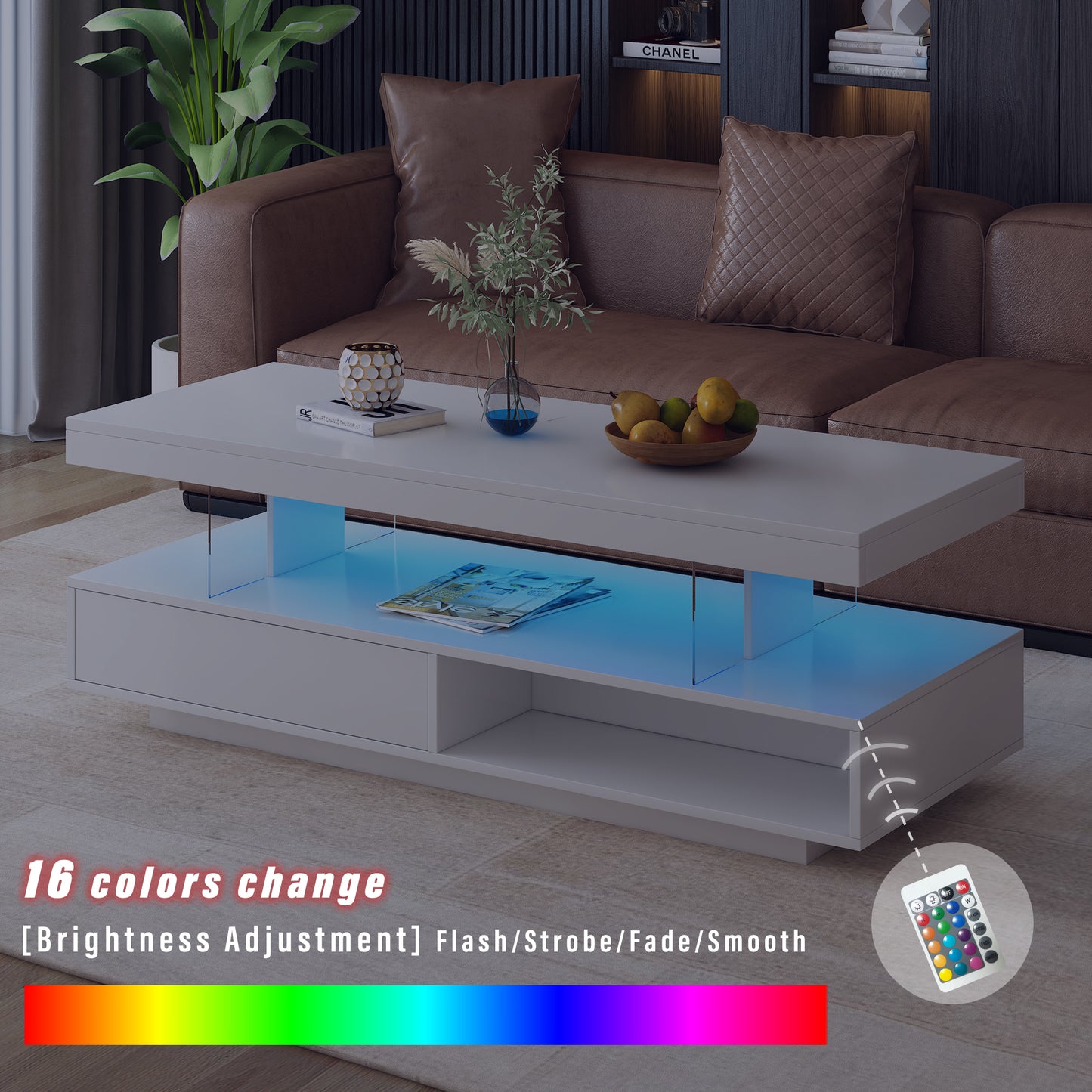 Modern LED Coffee Table with Storage Drawers and Display Shelves, Accent Furniture with Multicolor LED Lights