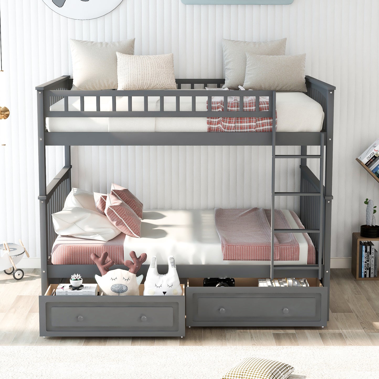 Gray Twin over Twin Bunk Bed with Convertible Drawers