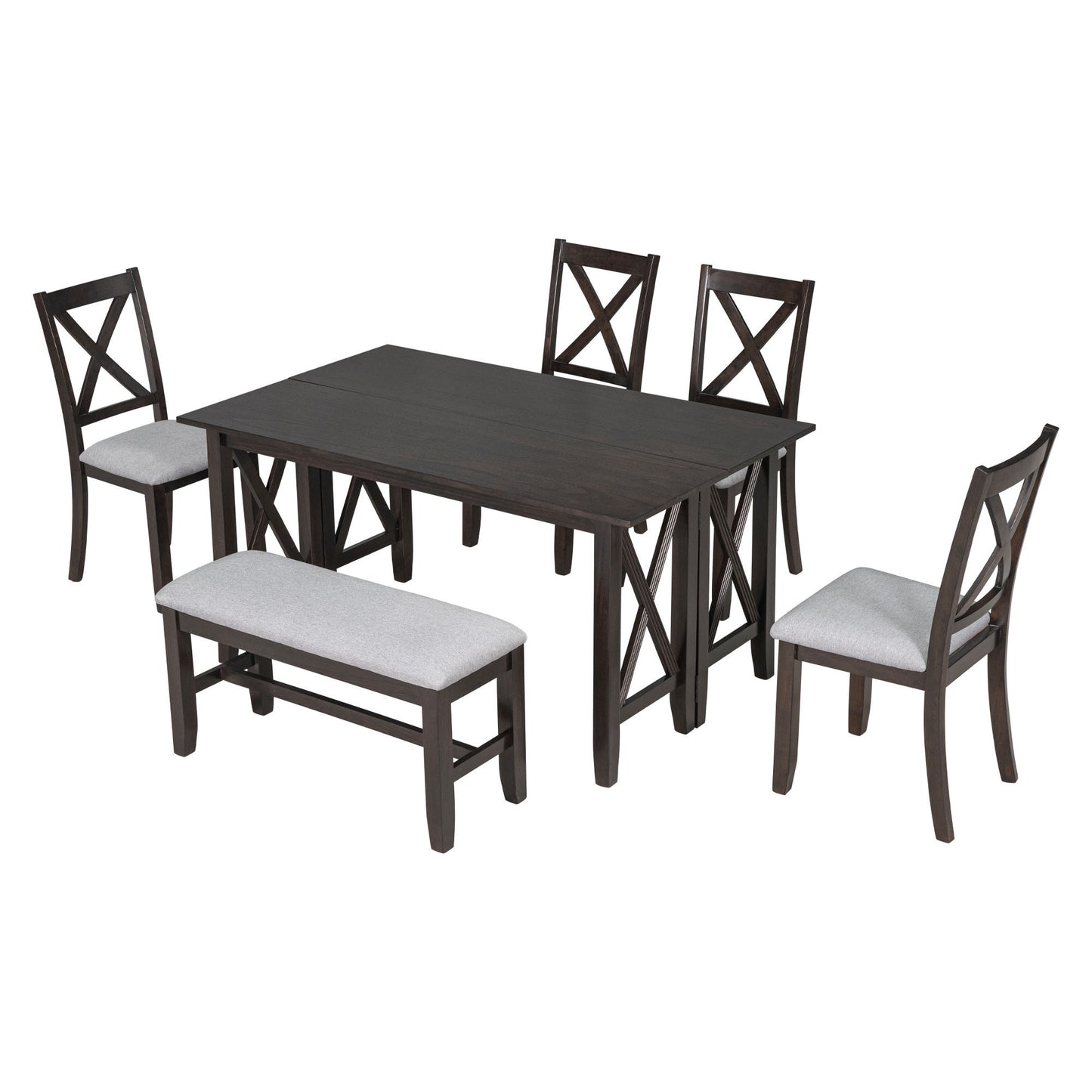 TREXM 6-Piece Family Dining Room Set Solid Wood Space Saving Foldable Table and 4 Chairs with Bench for Dining Room (Espresso)