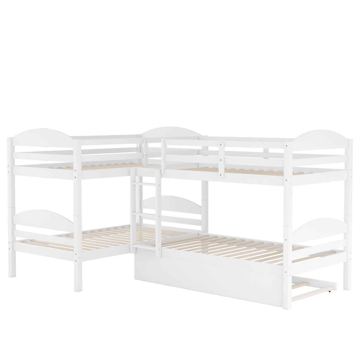 L-Shaped Bunk Bed with Trundle and Three Twin Size Beds