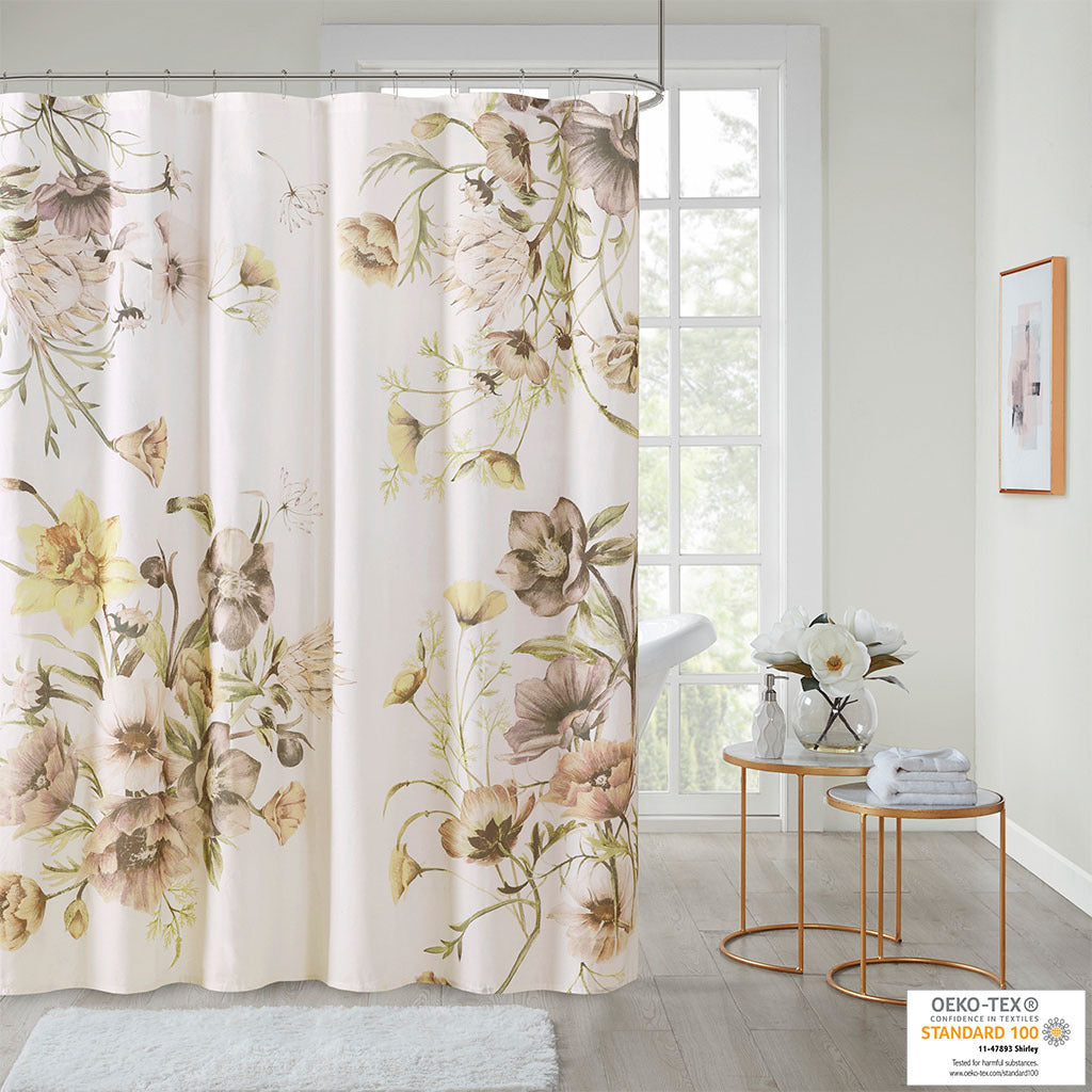 Elegant Blush Floral Cotton Shower Curtain