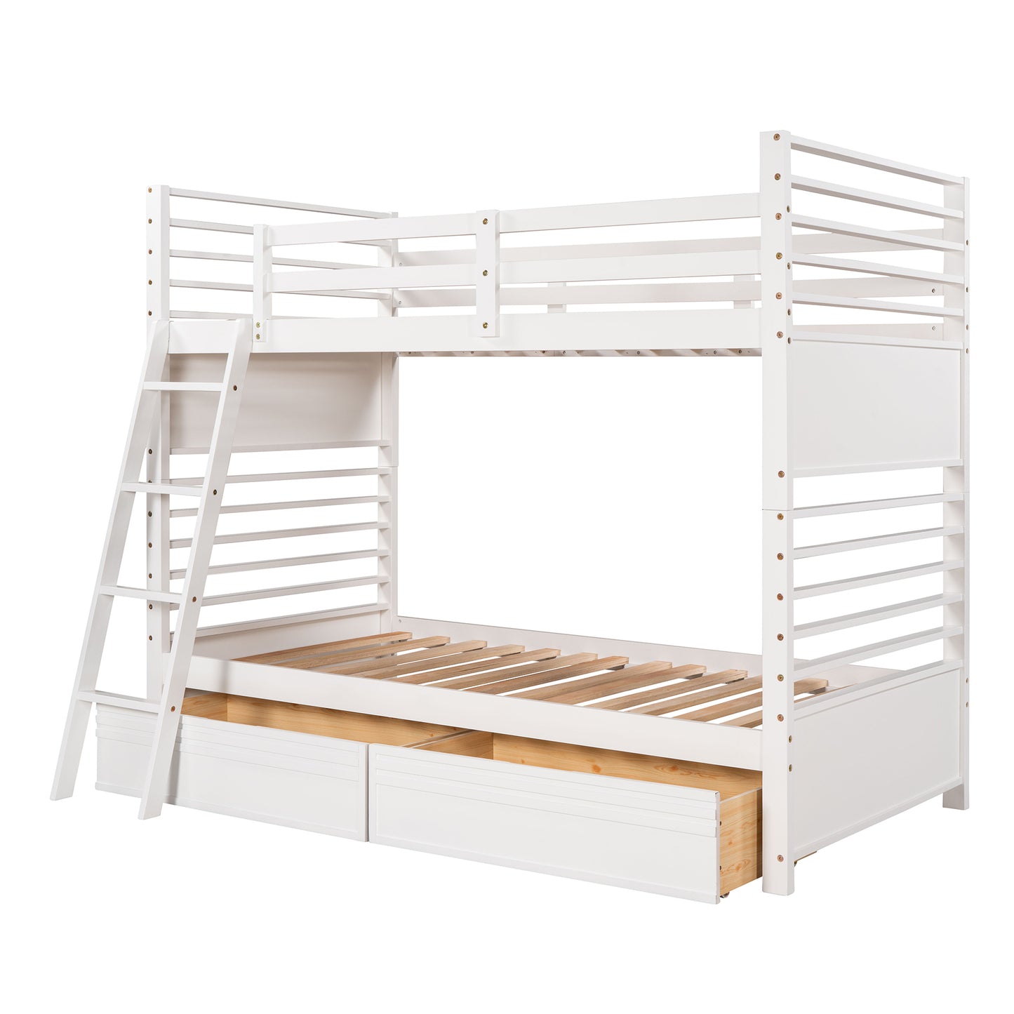 White Twin Bunk Bed with Two Underbed Drawers for Space-Saving Sleepovers