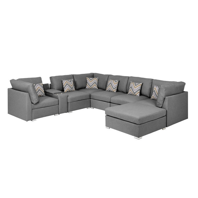 Amira Grey Fabric Configurable Sectional Sofa with USB Console and Ottoman