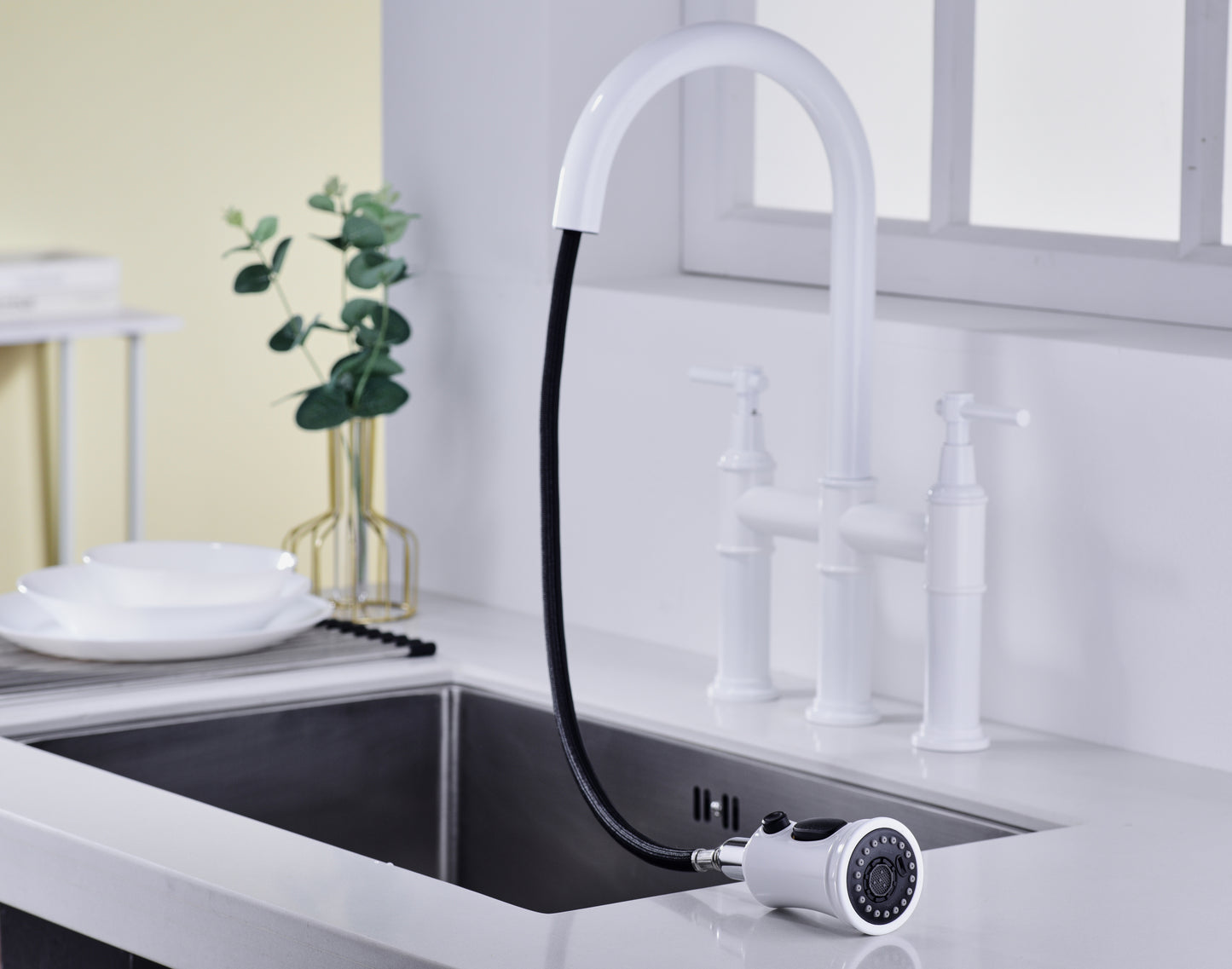 Bridge Kitchen Faucet with Pull-Down Sprayhead in Spot