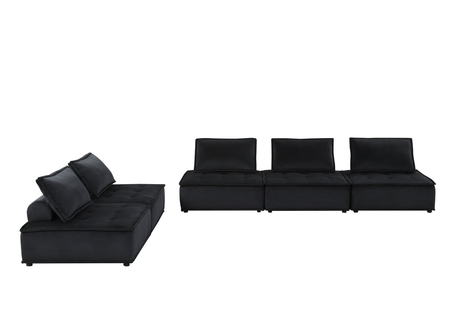 Anna Black Velvet 5 Piece Sectional Sofa with Ottoman