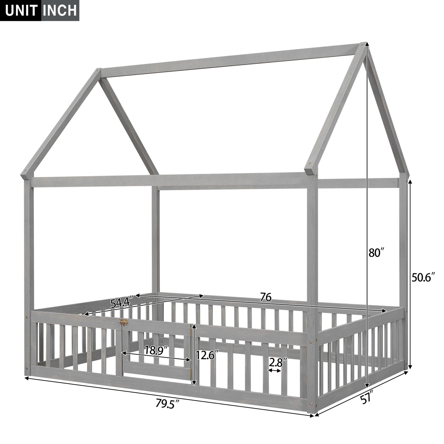 Full Size Wood House Bed with Fence and Door, Gray Wash