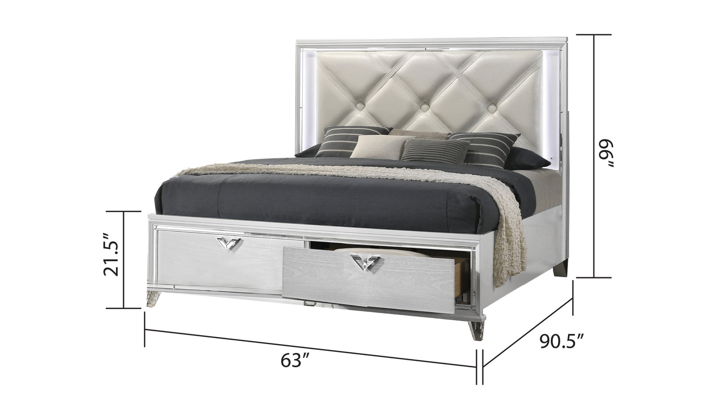 Prism Modern Style Queen LED-Lit Bed with Padded Tufting & 2-Drawer Storage