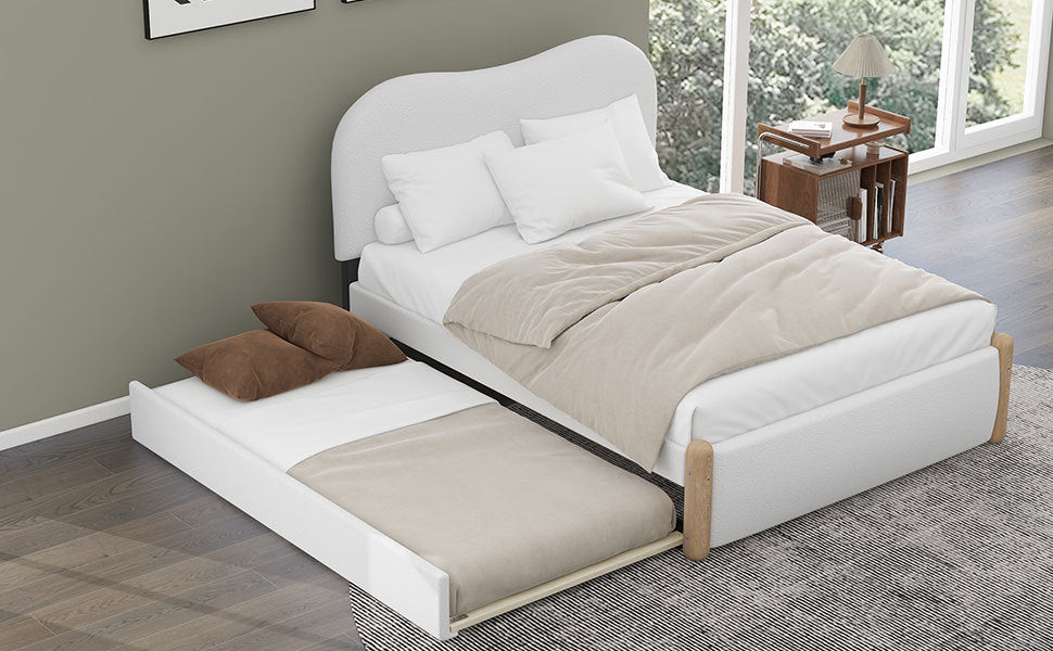 Full Size Upholstered Platform Bed with Wood Supporting Feet and Twin Size Trundle, White