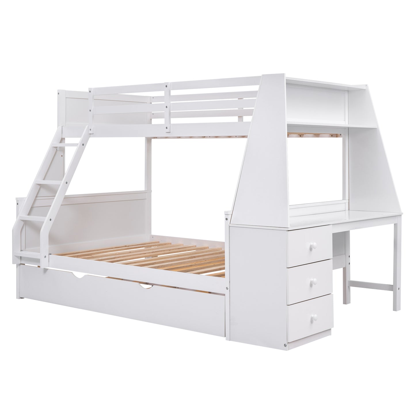 Space-Saving Twin over Full Bunk Bed with Built-in Desk and Trundle - White