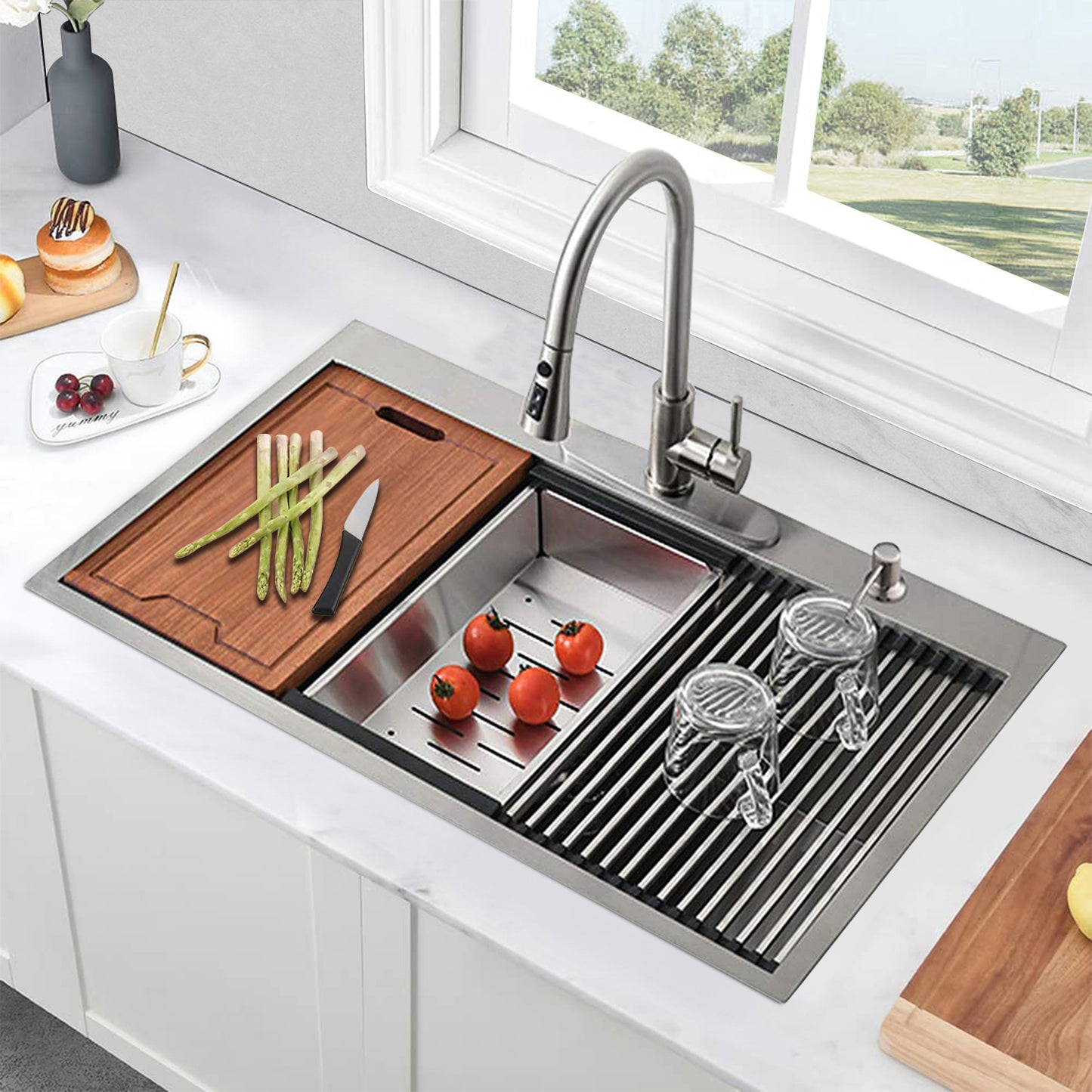 Stainless Steel Kitchen Sink with Integrated Ledge and Accessories (Pack of 5) - 33x22x10