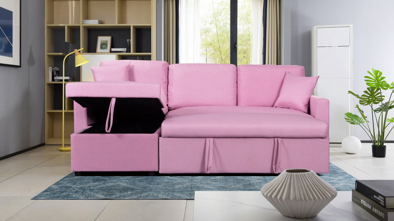 Pink Paisley Linen Fabric Sleeper Sectional Sofa with Storage Chaise