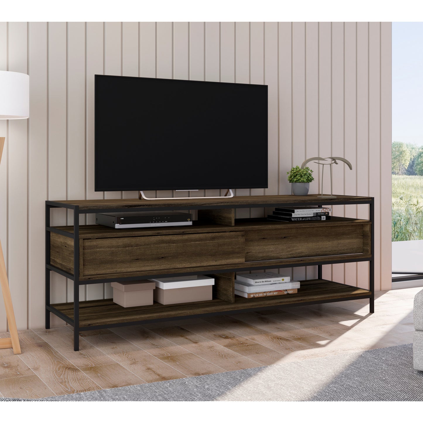 58 Inch Modern Wood and Metal TV Stand with 2 Drawers, Brown and Black