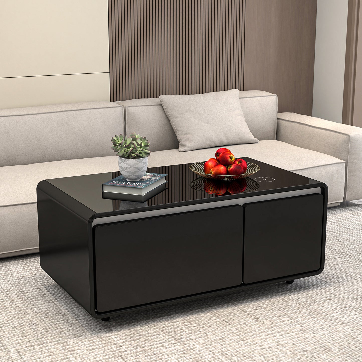 Black Smart Coffee Table with Refrigerated Storage, Wireless Charging, and Power Outlets