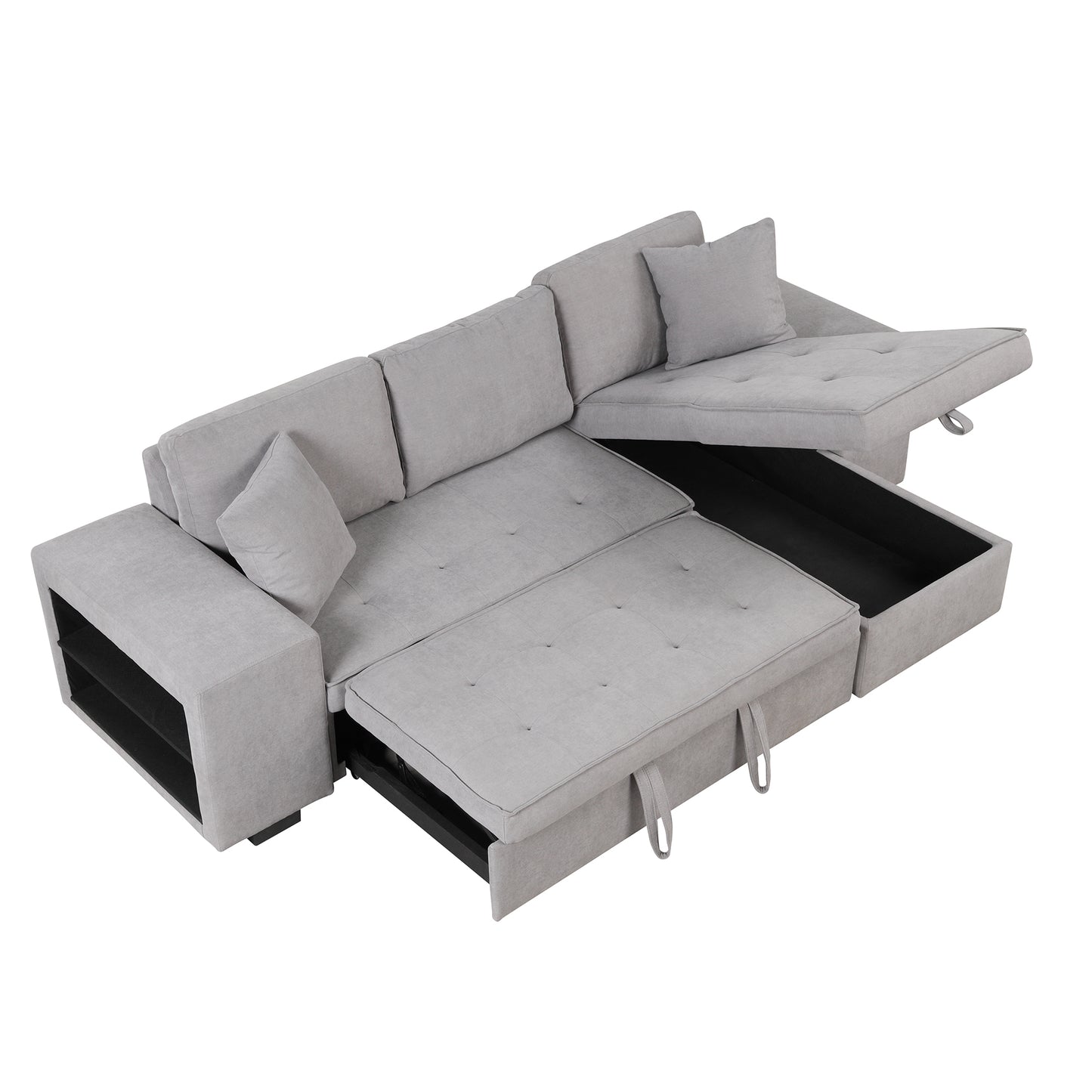 Gray L-Shape Sleeper Sectional Sofa with Storage Chaise and 2 Stools