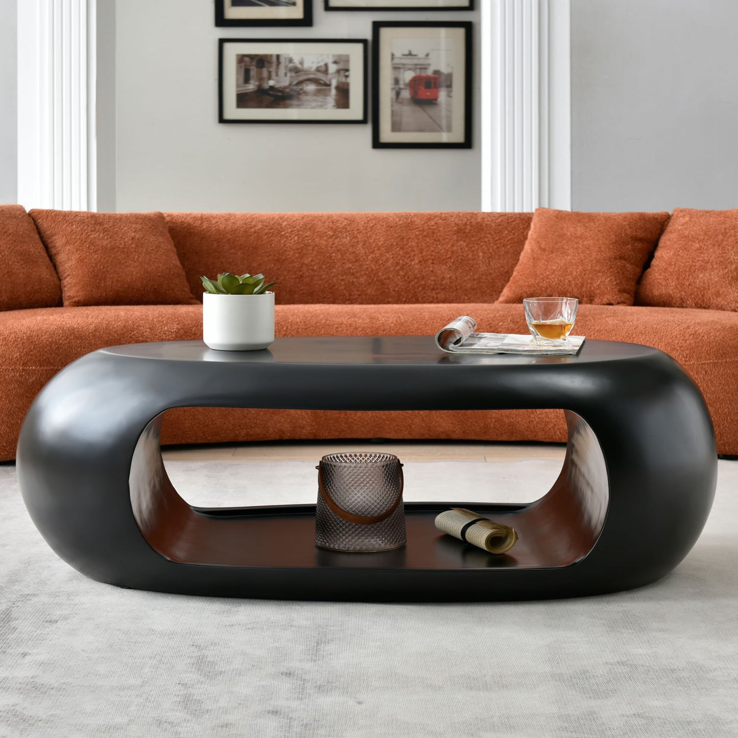 Modern Oval Coffee Table in Black Fiberglass - No Assembly Needed