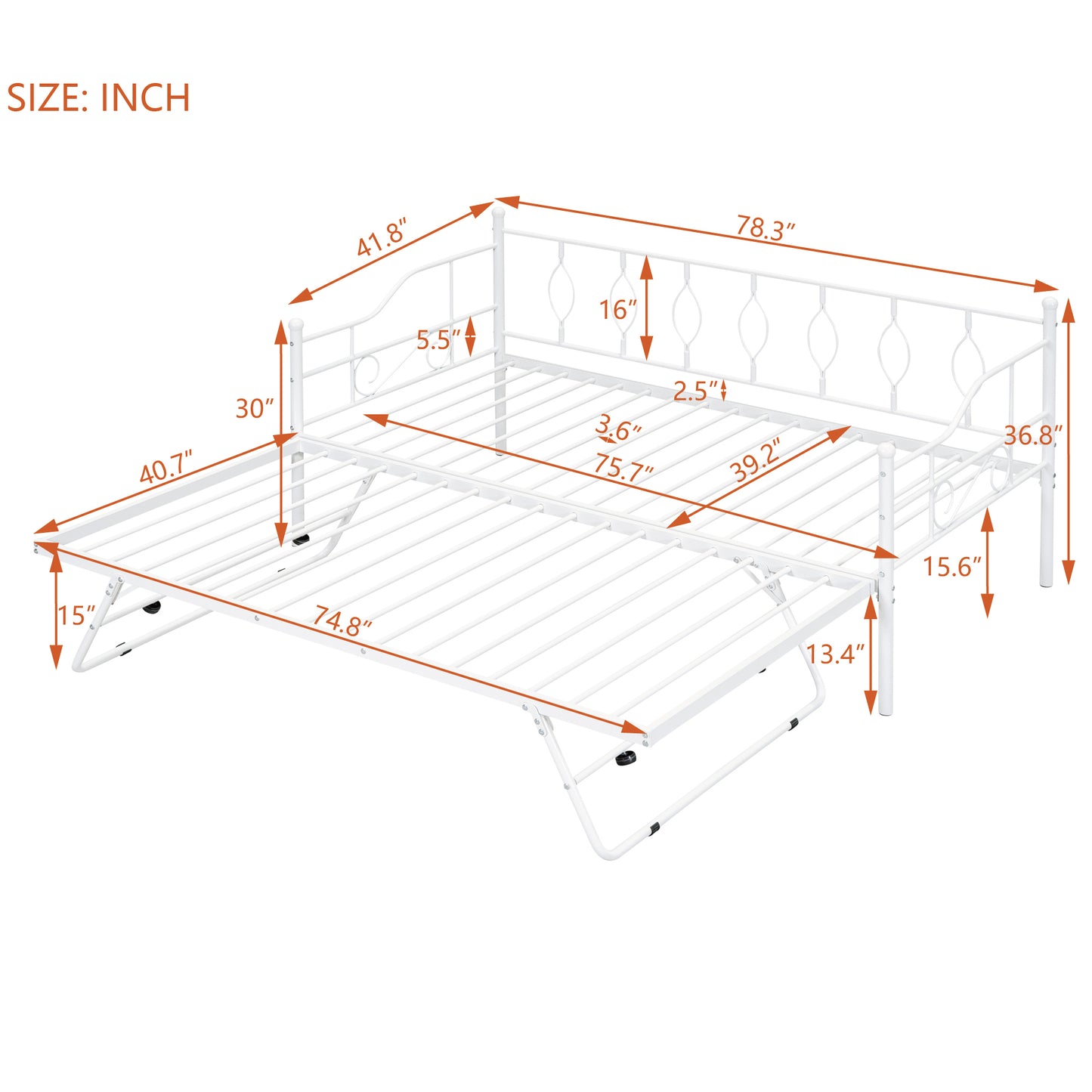 Twin Size Metal Daybed with Twin Size Adjustable Trundle, Portable Folding Trundle, White