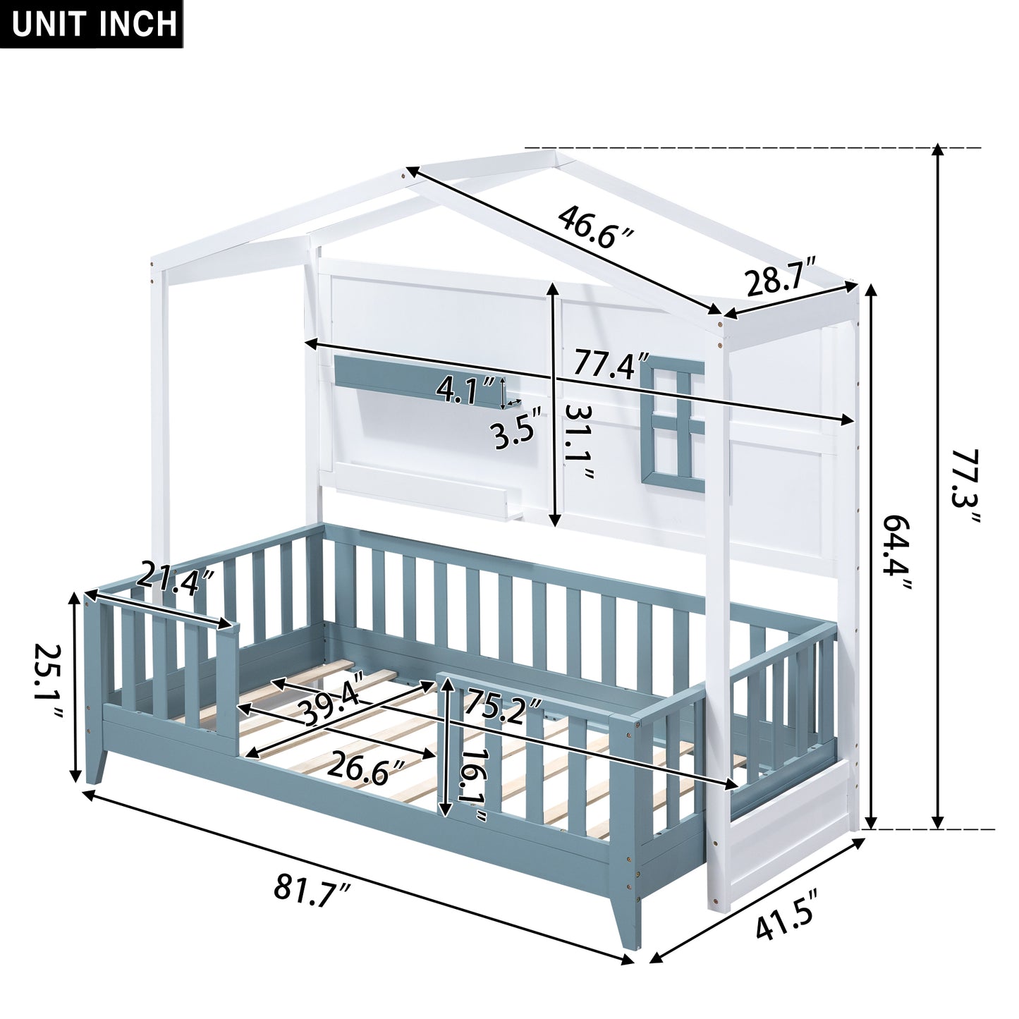 Twin Size Wood House Bed with 2 Shelves and Guardrail, White