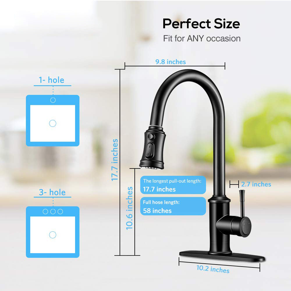 Kitchen Faucet- 3 Modes Pull Down Sprayer Kitchen Tap Faucet Head, Single Handle&Deck Plate for 1or3 Holes, 360° Rotation, Stainless Steel No Lead for RV Bar Home, Black