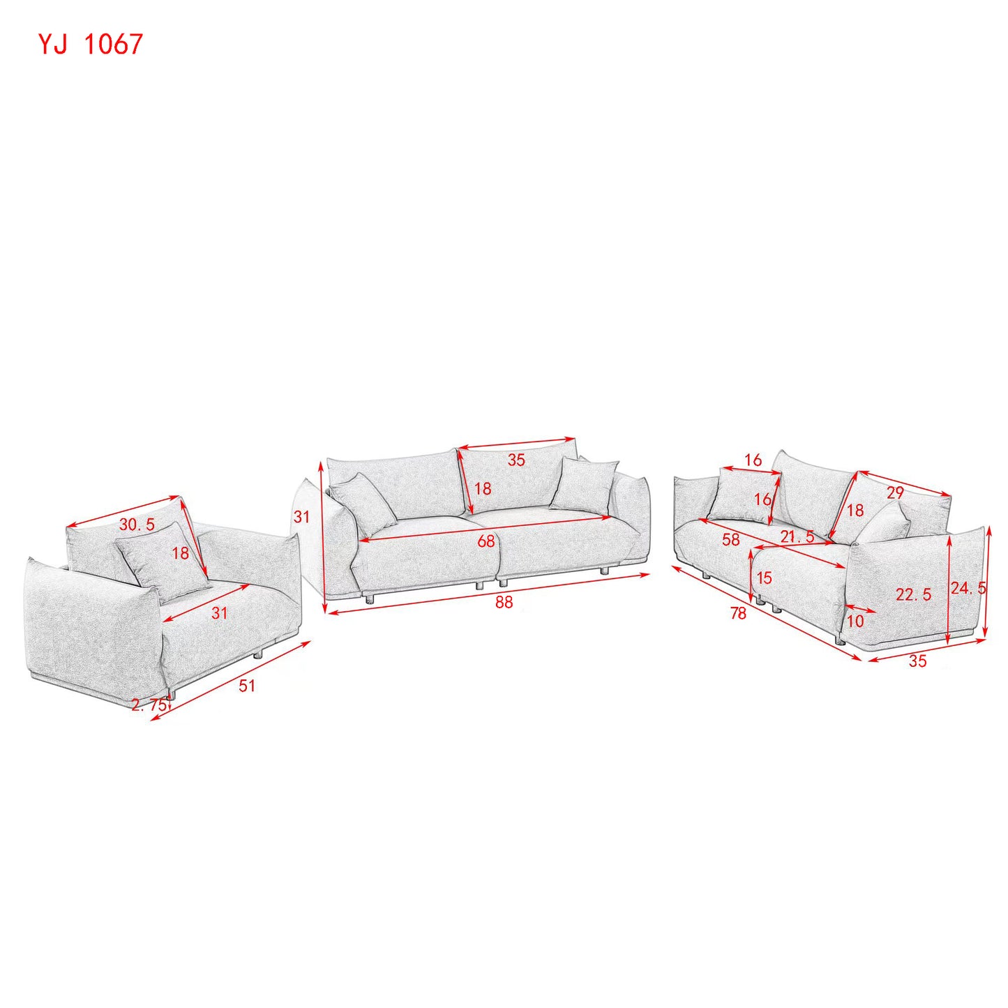 Modern 3-Piece Sofa Set with Solid Wood Frame, Metal Legs, and 5 Pillows