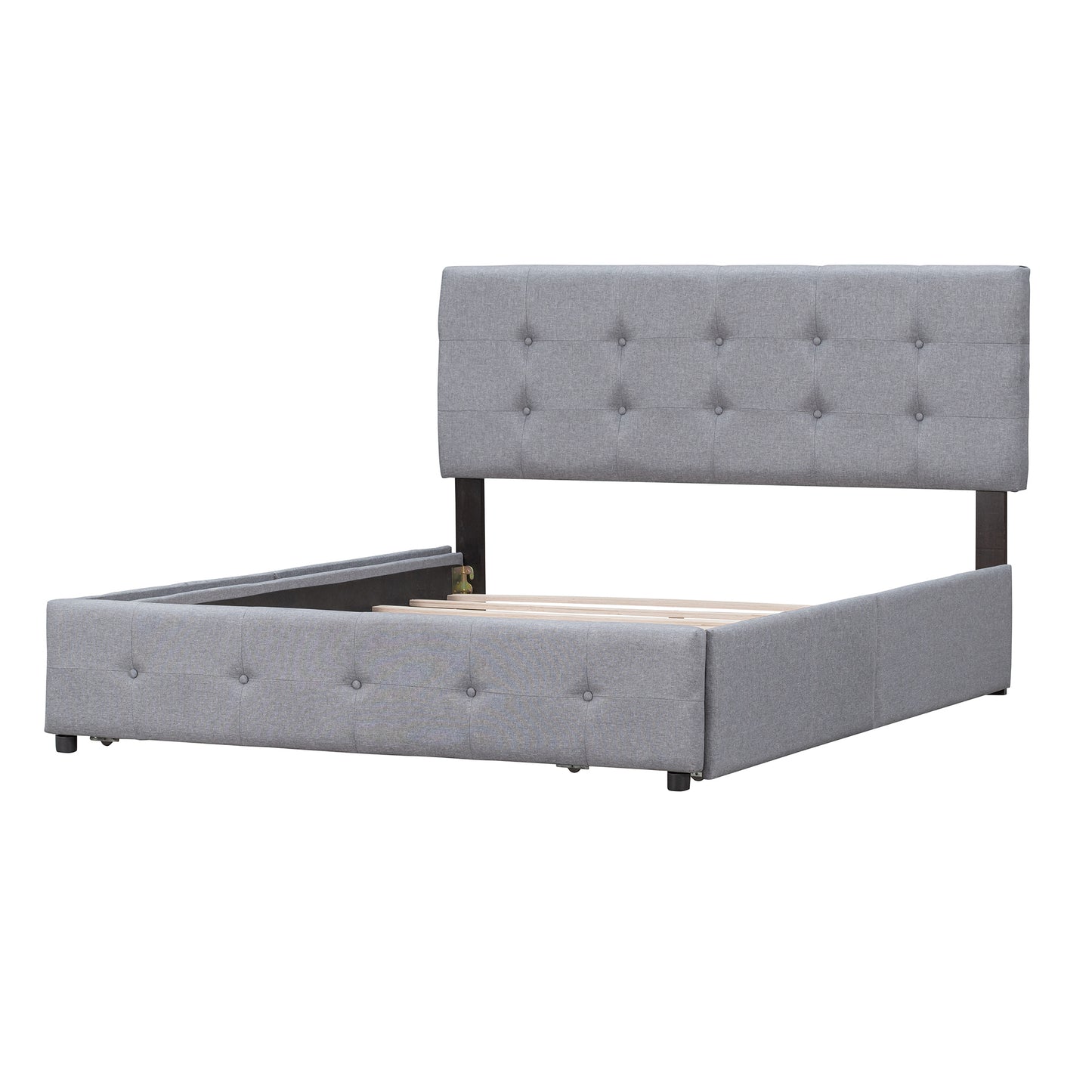 Upholstered Platform Bed with Classic Headboard and 4 Drawers, No Box Spring Needed, Linen Fabric, Queen Size Light Gray