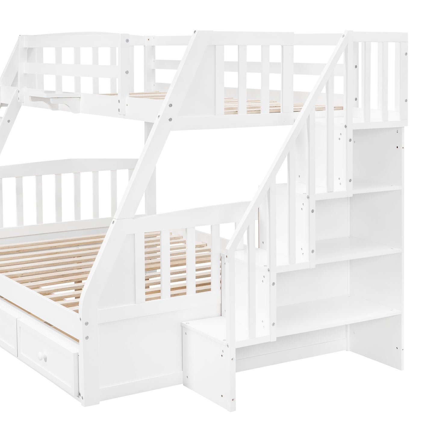 White Bunk Bed with Drawers, Ladder, and Storage Staircase for Twin and Full Sizes