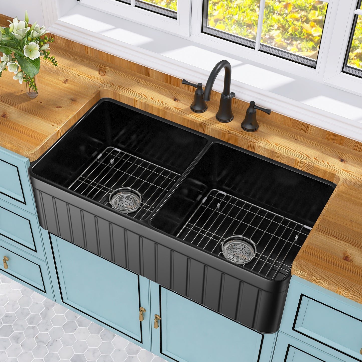 Black Double Bowl Fireclay Farmhouse Kitchen Sink